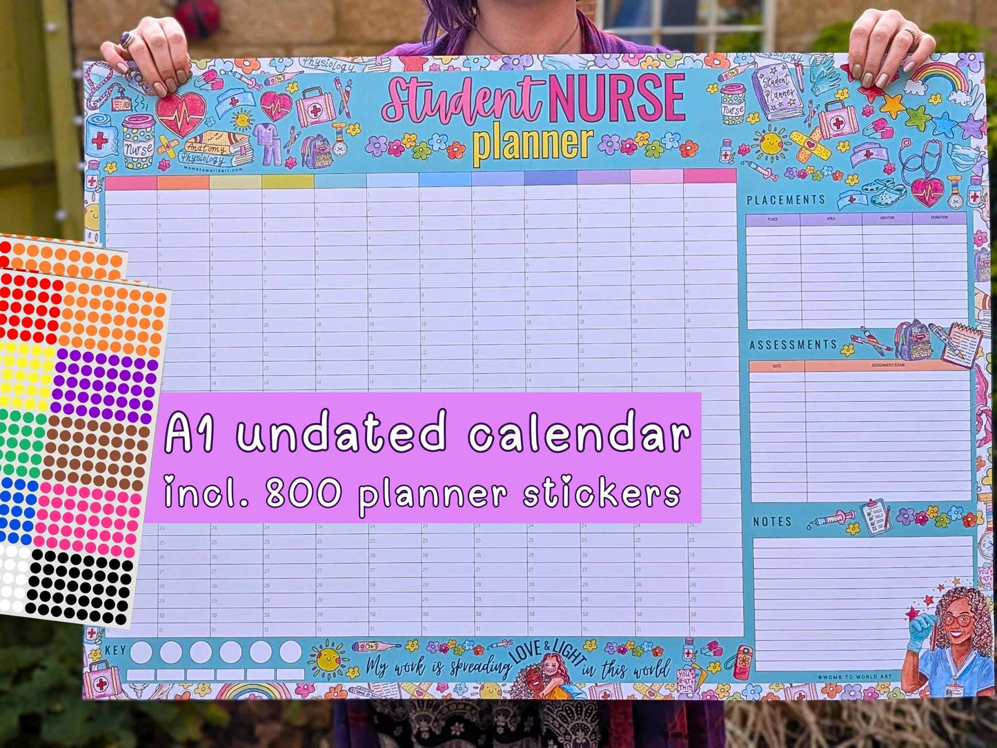 Student Nurse A1 Academic Wall Planner Undated Nursing Calendar + Planner Stickers