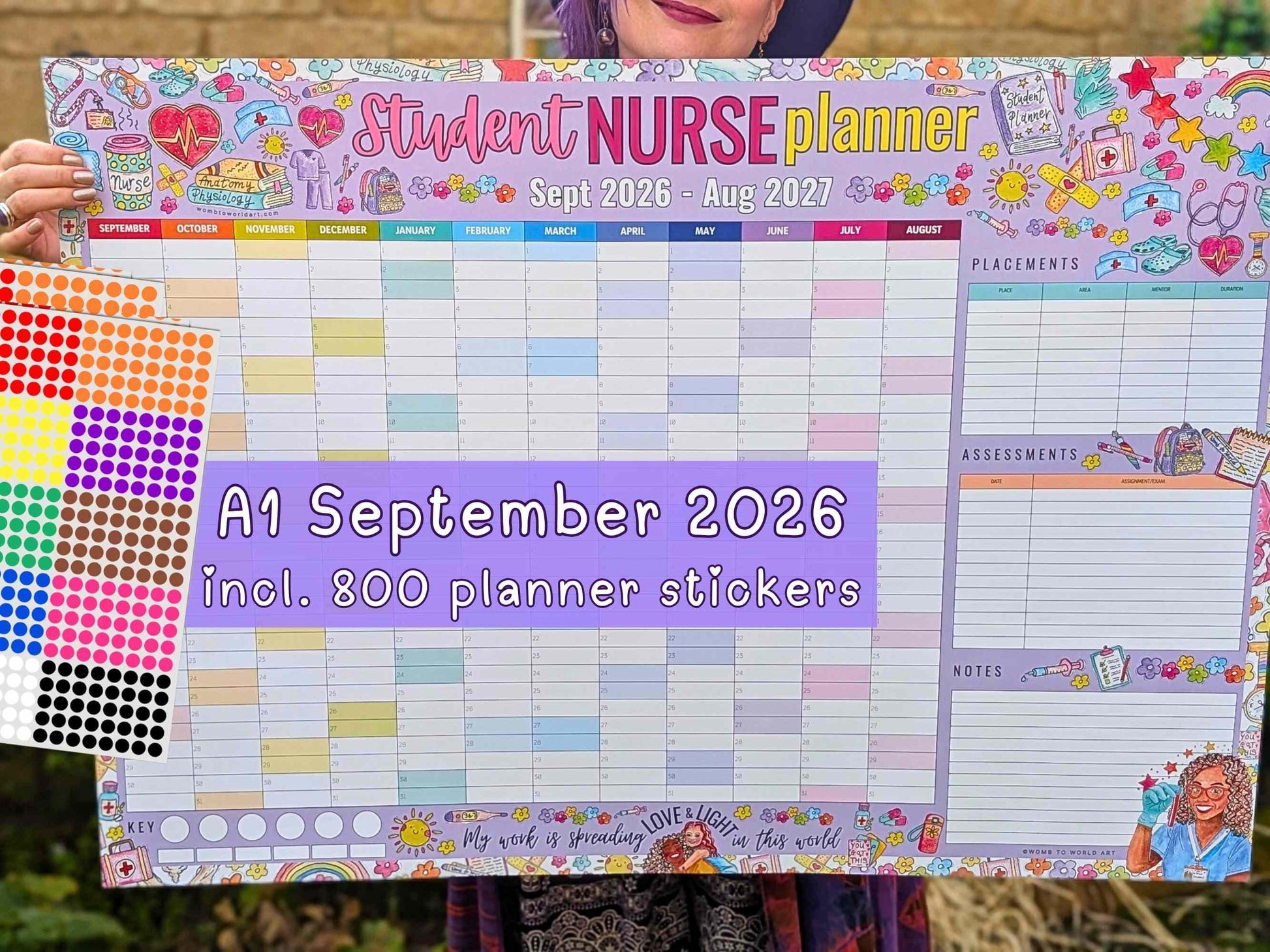 Student Nurse Academic Wall Planner September 2026/2027 A1 Nursing Calendar + Planner Stickers