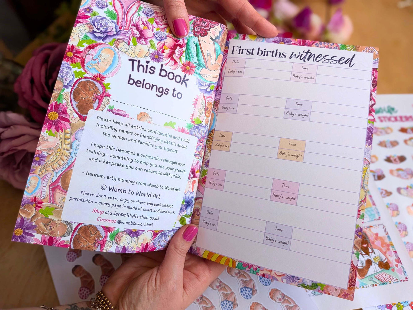 The 1st spread of the First 40 Births Journal by Womb to World Art, featuring  space for recording the 5 births that student midwives need to witness as part of their training.