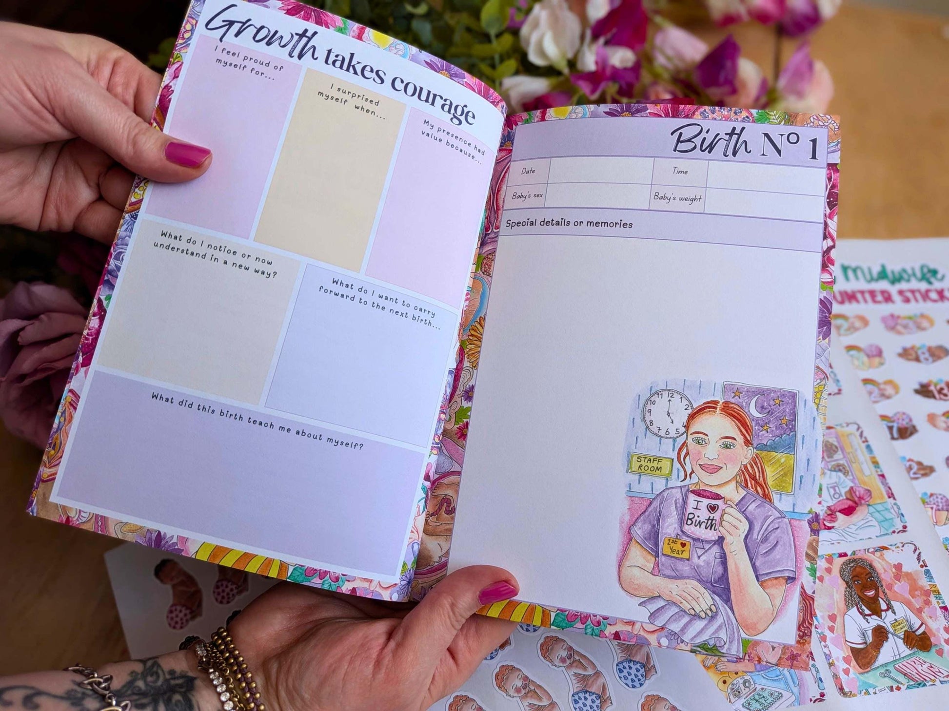 The 1st spread of the First 40 Births Journal by Womb to World Art, featuring student midwife drawing and space for reflective prompts to record the student midwives first birth.