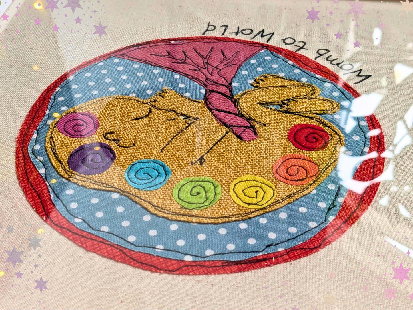 Baby in the Womb Embroidery Applique Art, Chakras in Pregnancy Framed