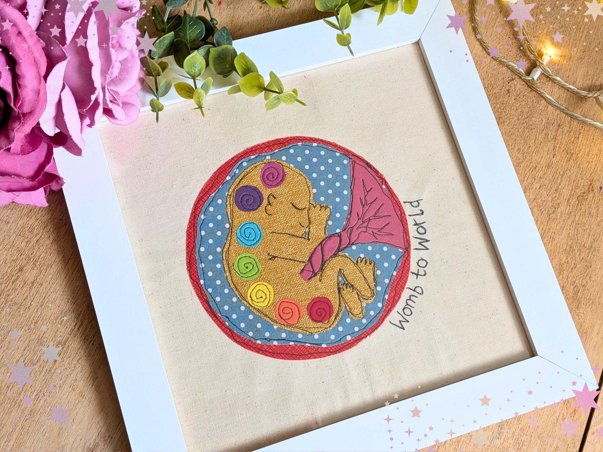 Baby in the Womb Embroidery Applique Art, Chakras in Pregnancy Framed