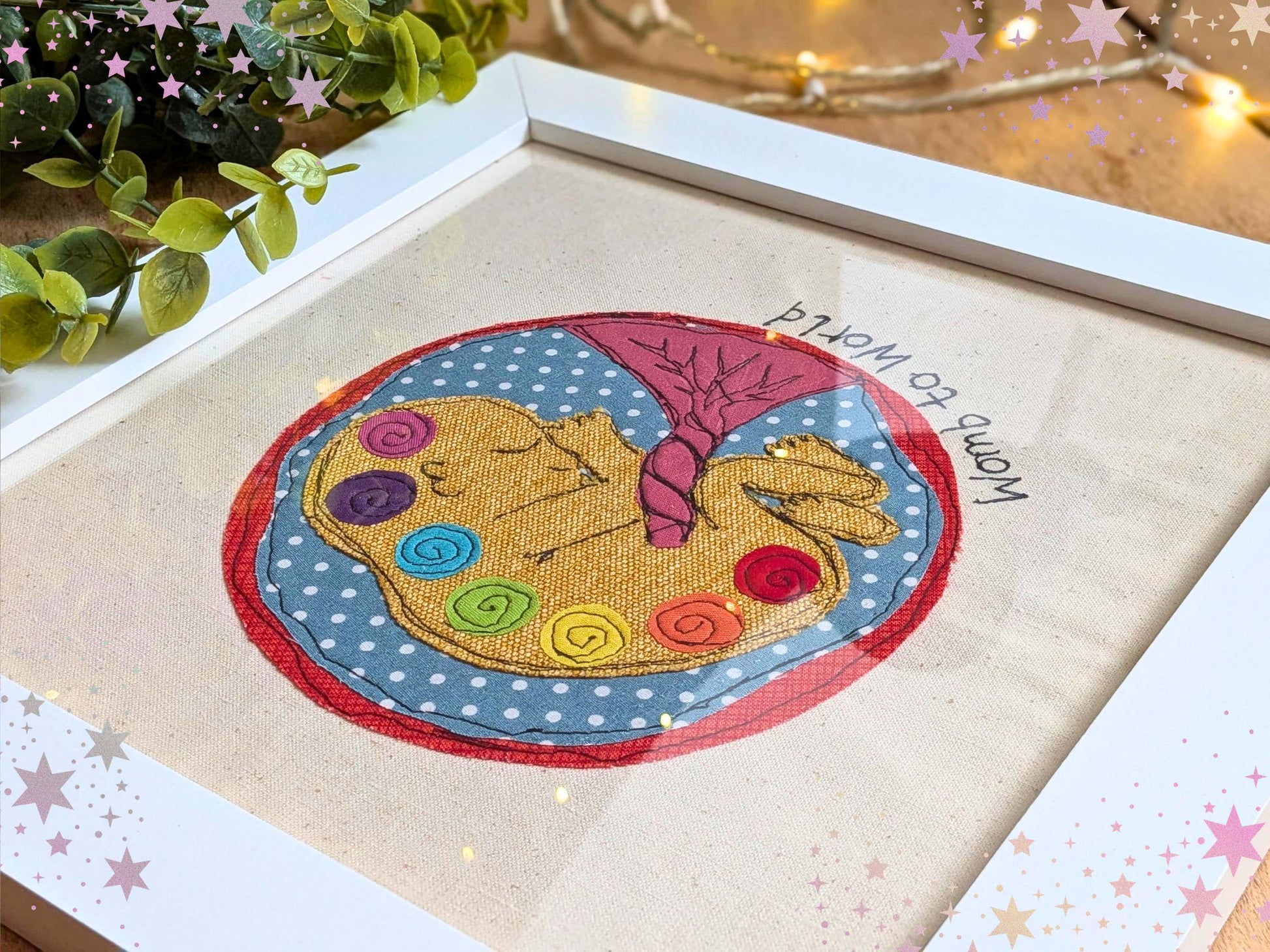 Baby in the Womb Embroidery Applique Art, Chakras in Pregnancy Framed