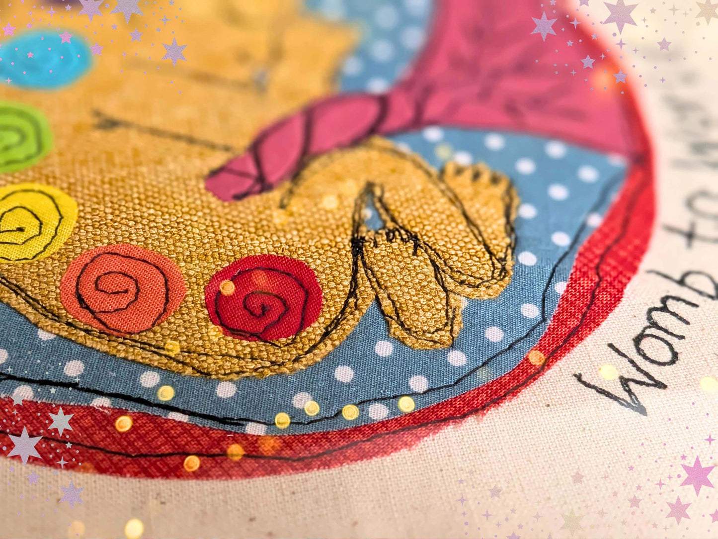 Baby in the Womb Embroidery Applique Art, Chakras in Pregnancy Framed