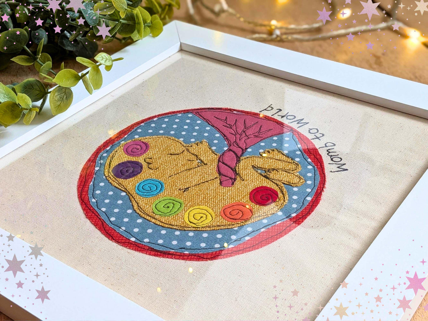 Baby in the Womb Embroidery Applique Art, Chakras in Pregnancy Framed