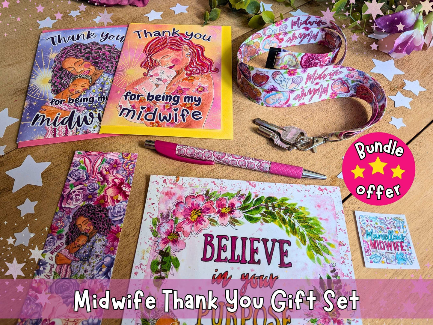Midwife Thank You Gift Set | Birth Art Lanyard, Card, Placenta Pen & Prints