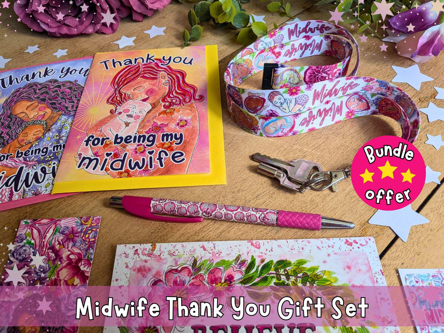 Midwife Thank You Gift Set | Birth Art Lanyard, Card, Placenta Pen & Prints