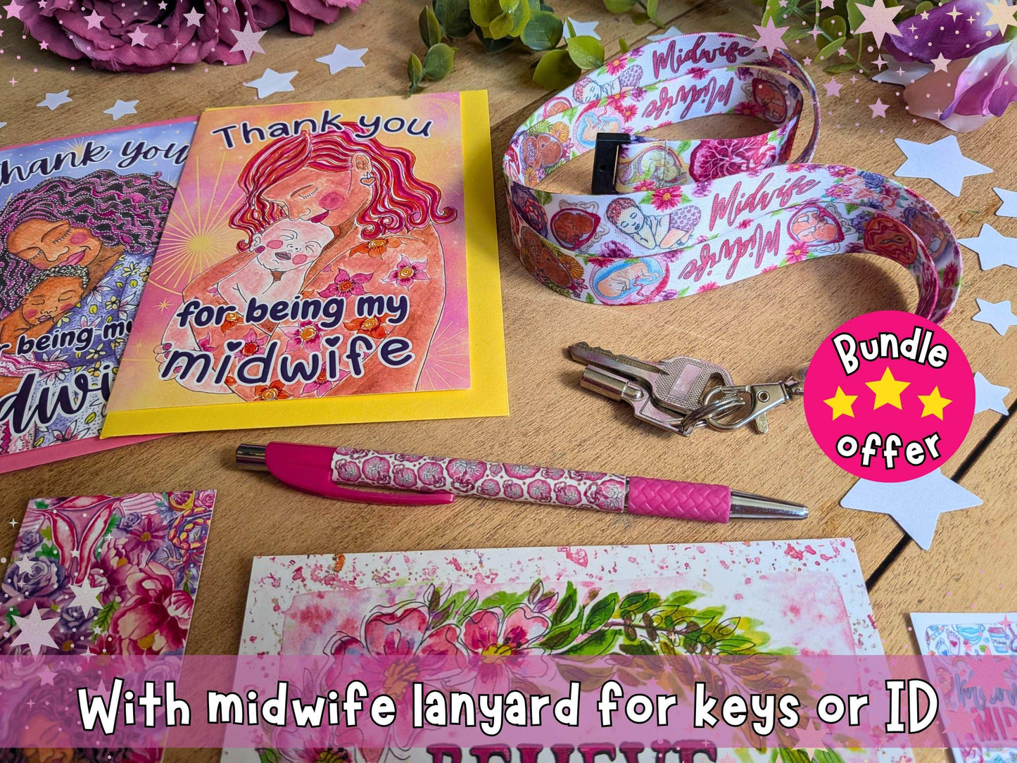 Midwife Thank You Gift Set | Birth Art Lanyard, Card, Placenta Pen & Prints