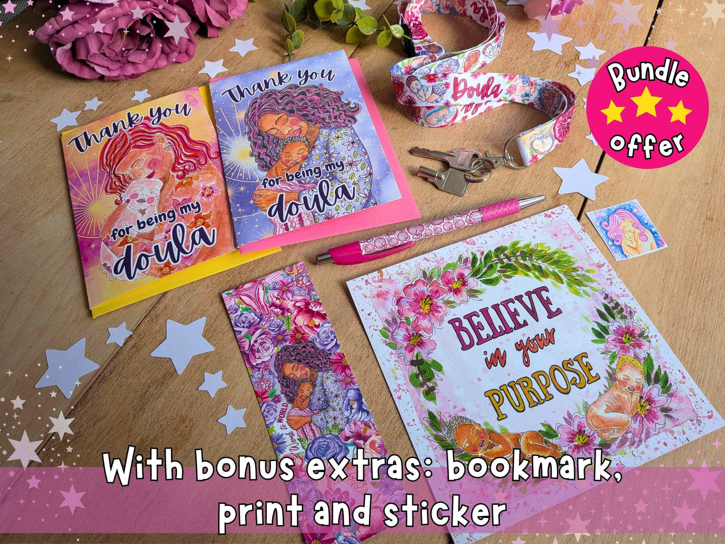 Doula Thank You Gift Set | Birth Art Lanyard, Card, Placenta Pen & Prints