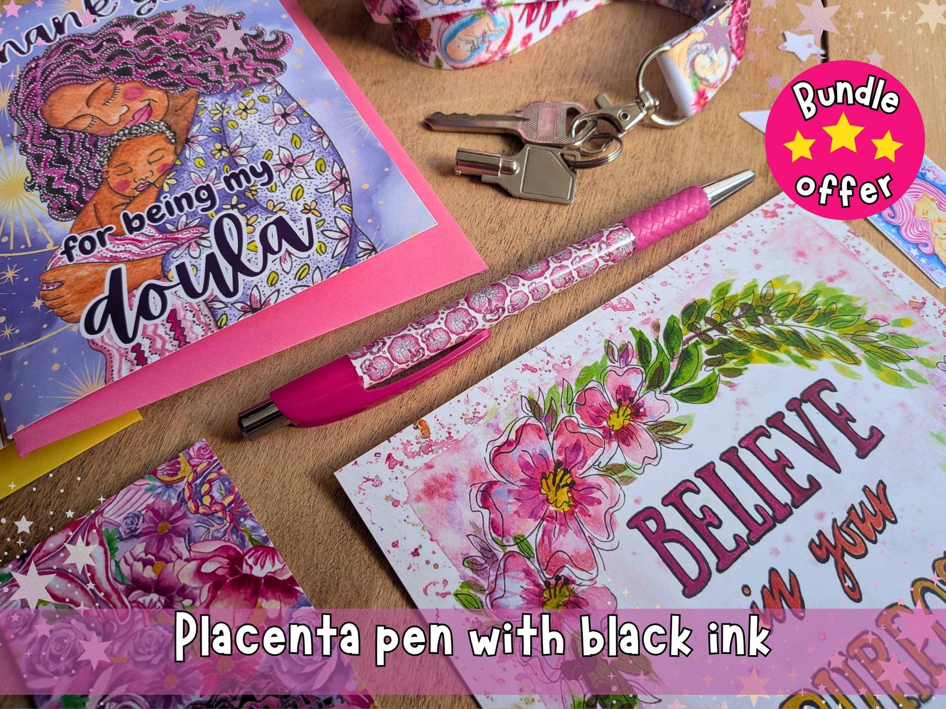 Doula Thank You Gift Set | Birth Art Lanyard, Card, Placenta Pen & Prints
