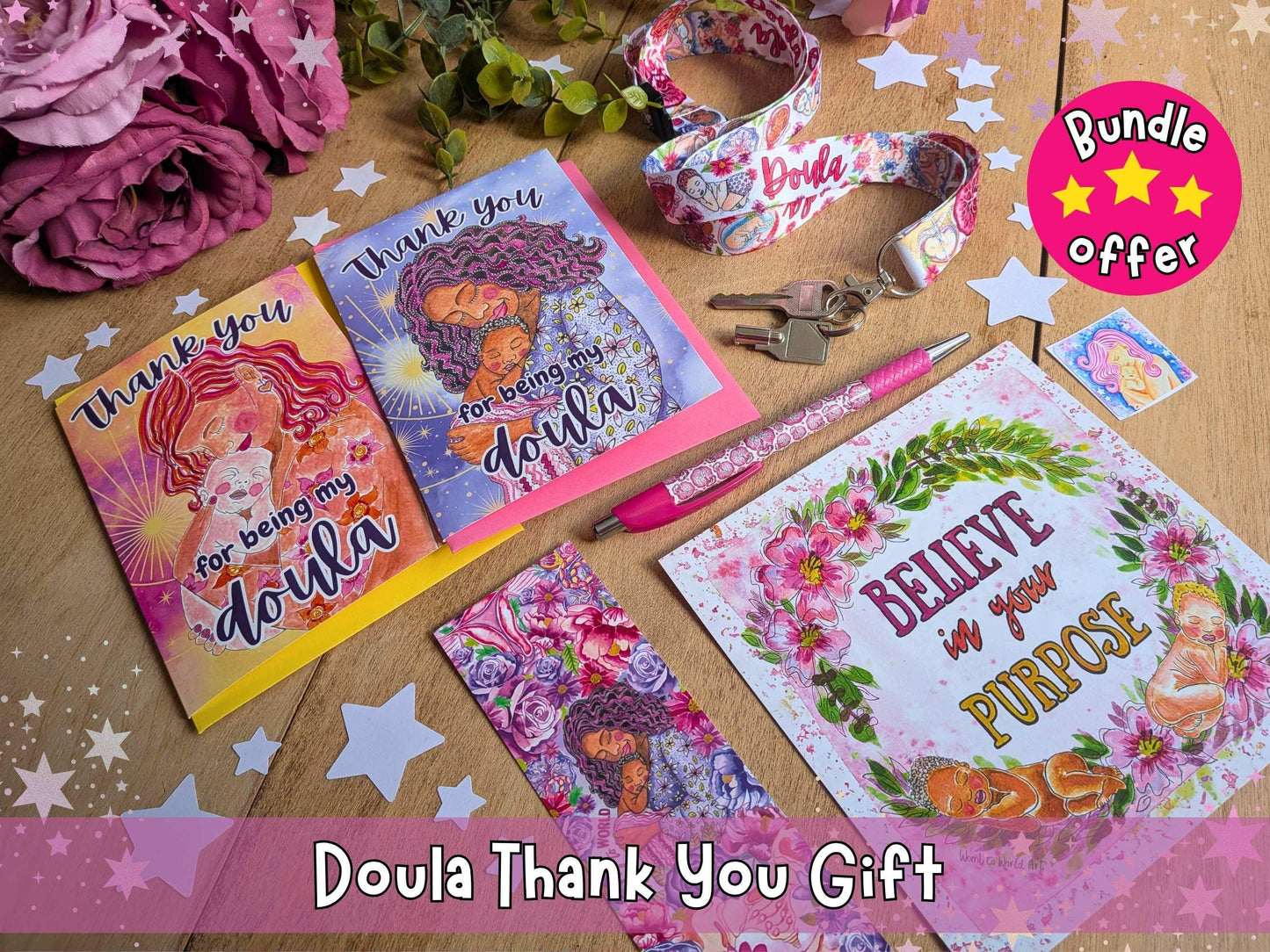 Doula Thank You Gift Set | Birth Art Lanyard, Card, Placenta Pen & Prints