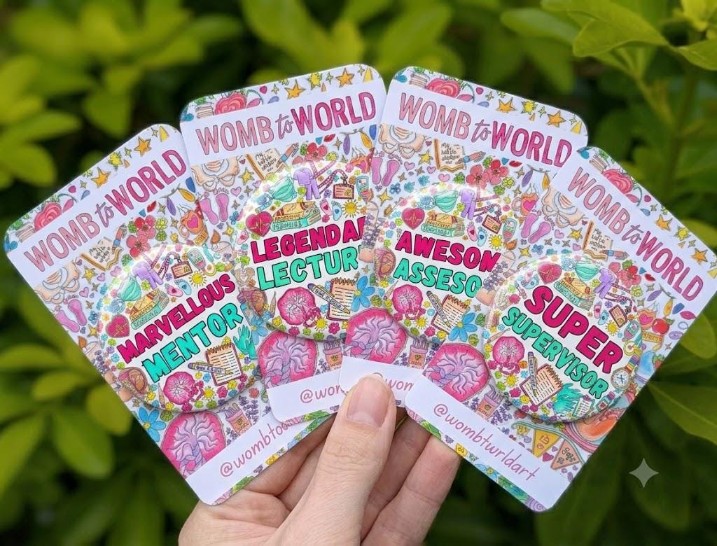 Choice of original, hand-drawn 38mm metal button badges designed specifically for student midwives as a token of appreciation for their mentors, supervisors, assessors, and lecturers.