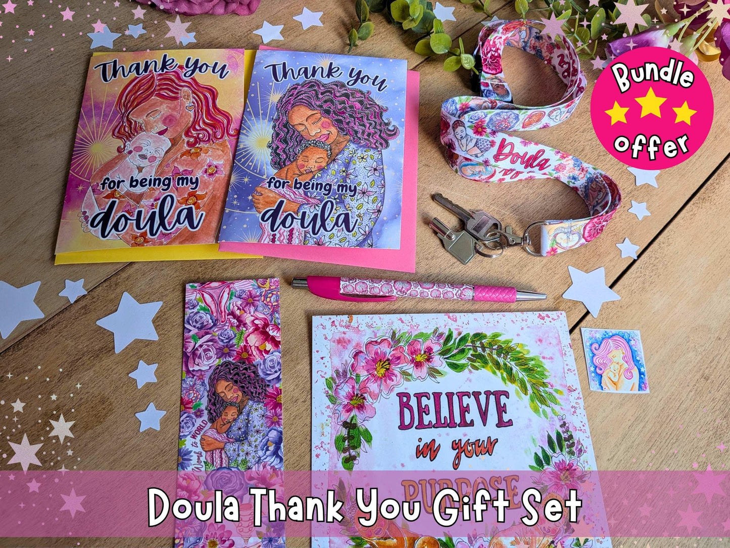 Doula Thank You Gift Set | Birth Art Lanyard, Card, Placenta Pen & Prints