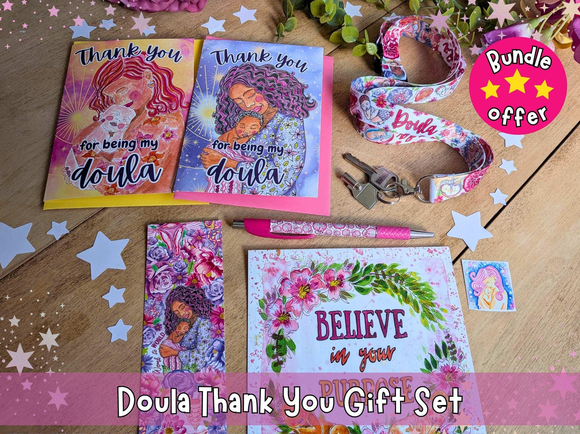 Doula Thank You Gift Set | Birth Art Lanyard, Card, Placenta Pen & Prints