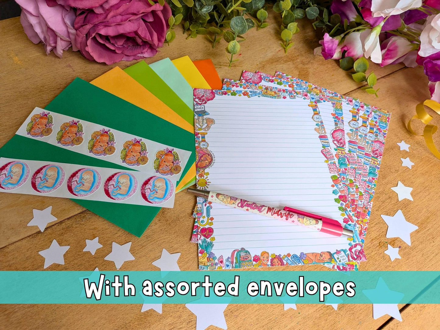 Student Midwife Letter Writing Set - 10 Letter Kit with Envelopes and Baby Seal Stickers