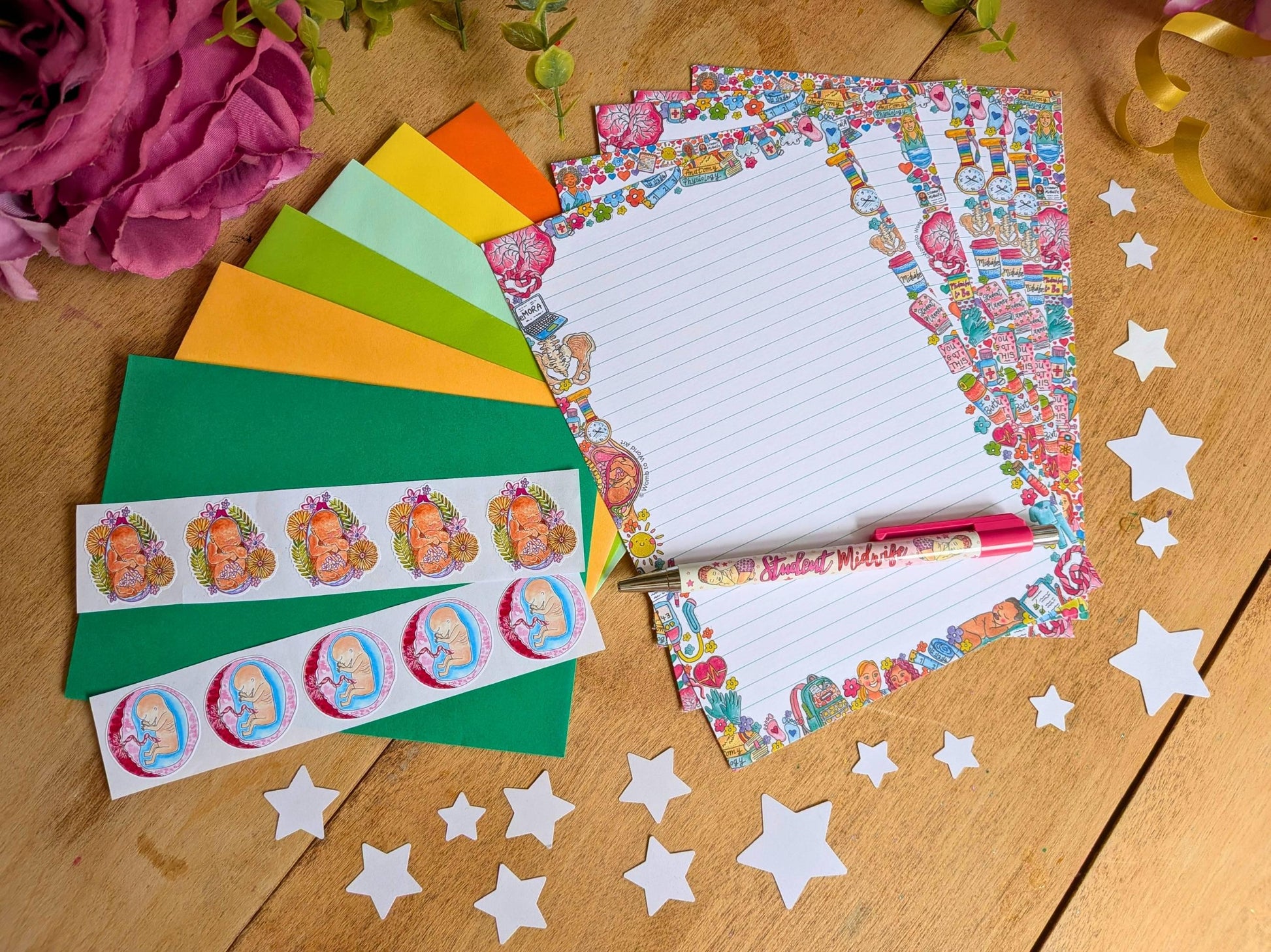 Student Midwife Letter Writing Set - 10 Letter Kit with Envelopes and Baby Seal Stickers
