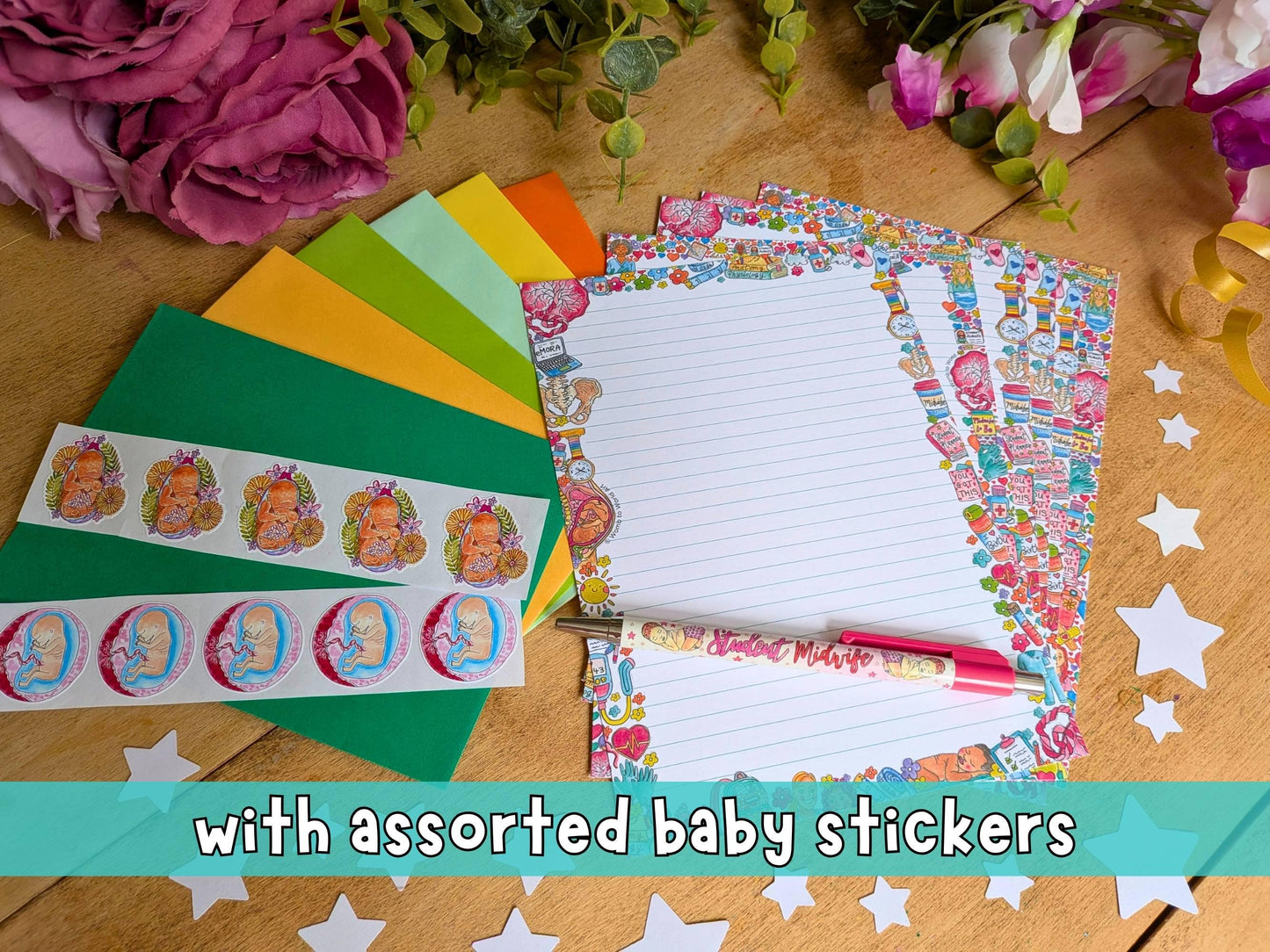 Student Midwife Letter Writing Set - 10 Letter Kit with Envelopes and Baby Seal Stickers