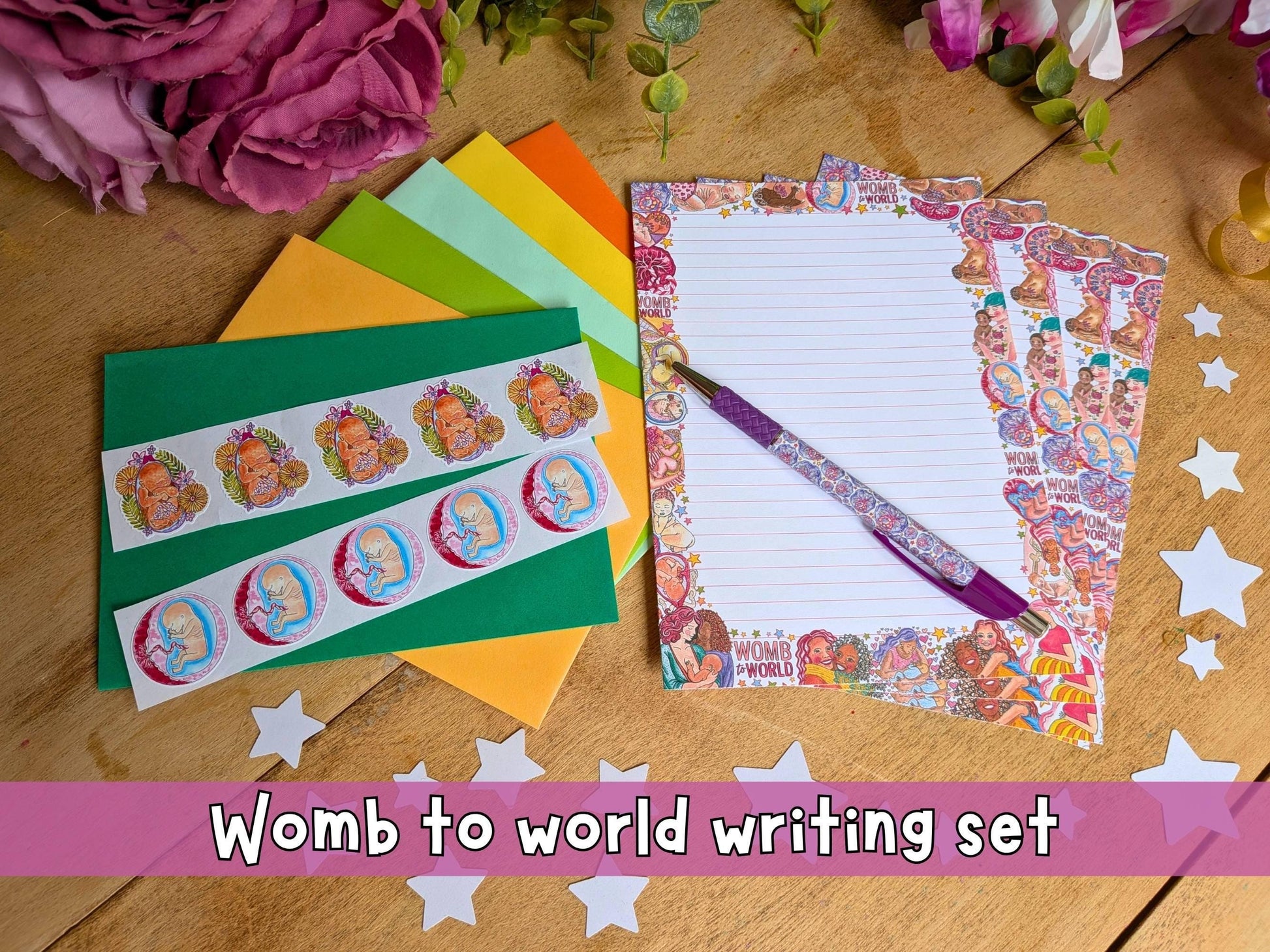 Doula Letter Writing Set - 10 Letter Kit with Envelopes and Baby Seal Stickers, for Birth Stories