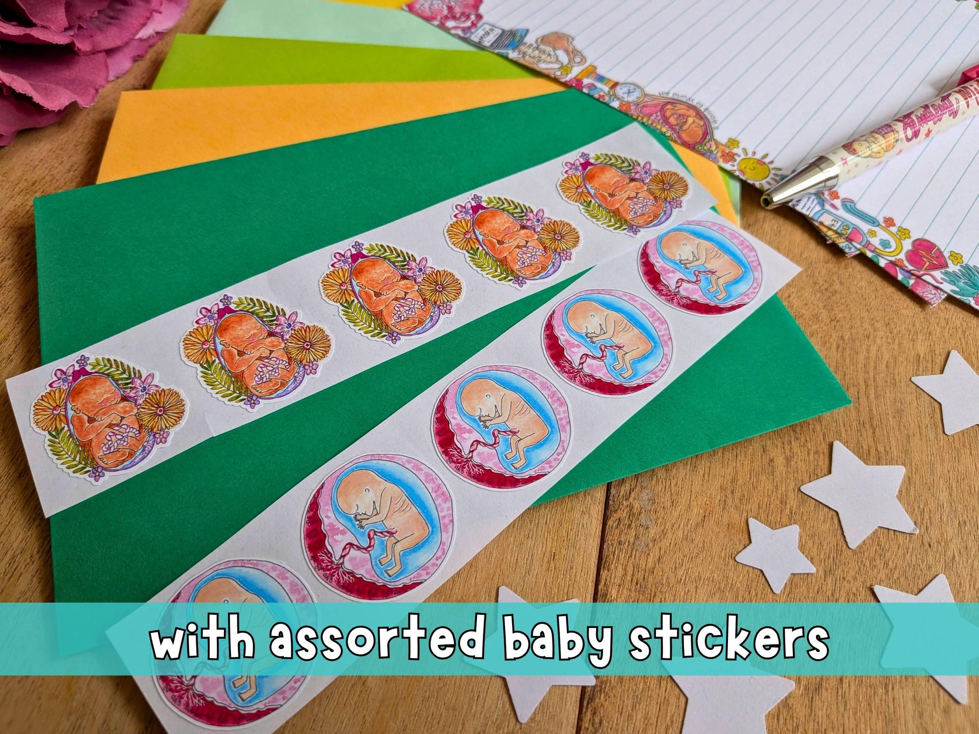 Student Midwife Letter Writing Set - 10 Letter Kit with Envelopes and Baby Seal Stickers