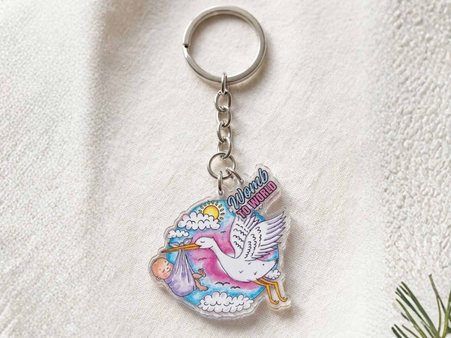 Stork Keyring: Newborn Baby Keychain for Student Midwife Gift, Pregnancy Art Presents