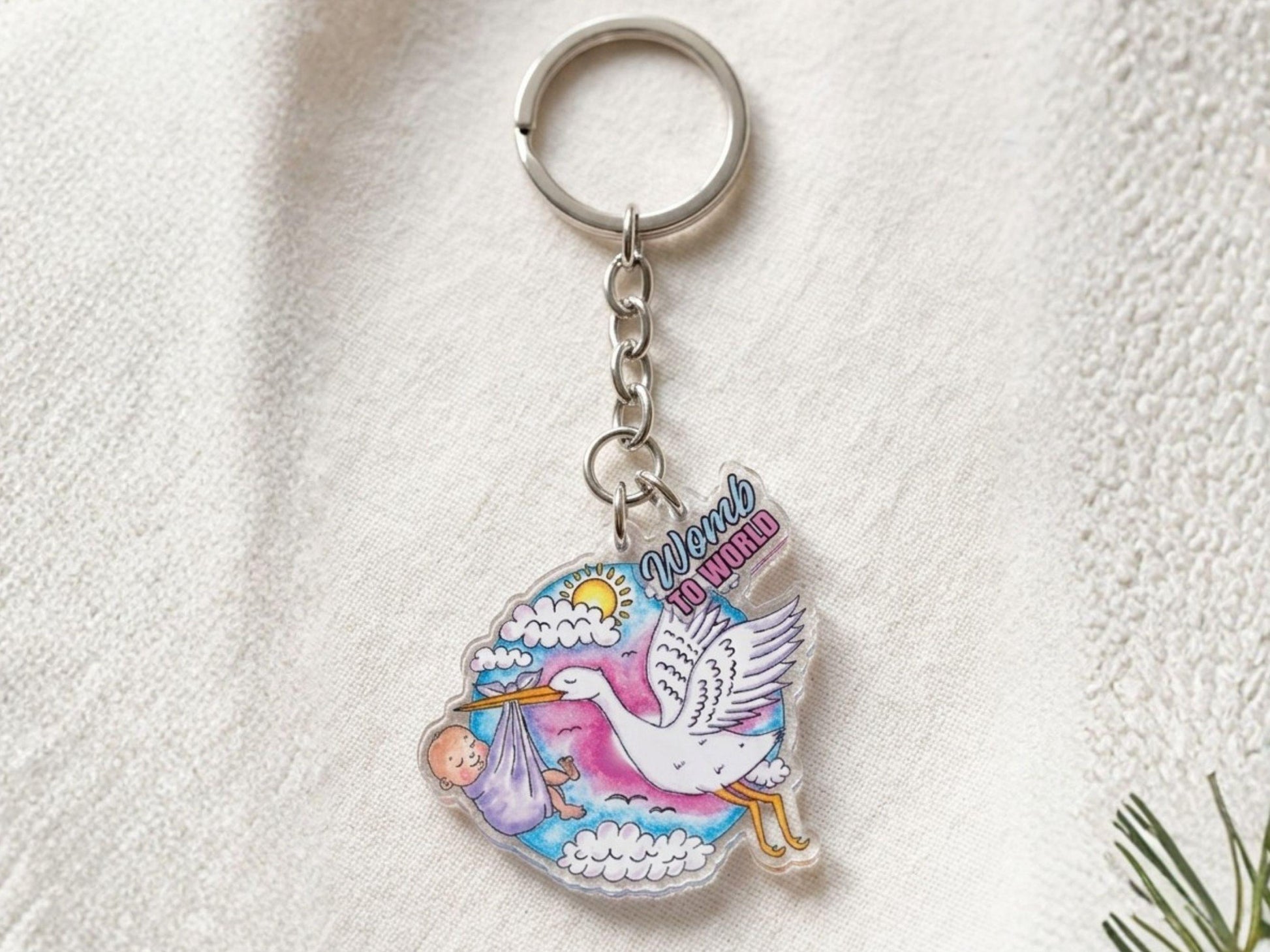 Stork Keyring: Newborn Baby Keychain for Student Midwife Gift, Pregnancy Art Presents