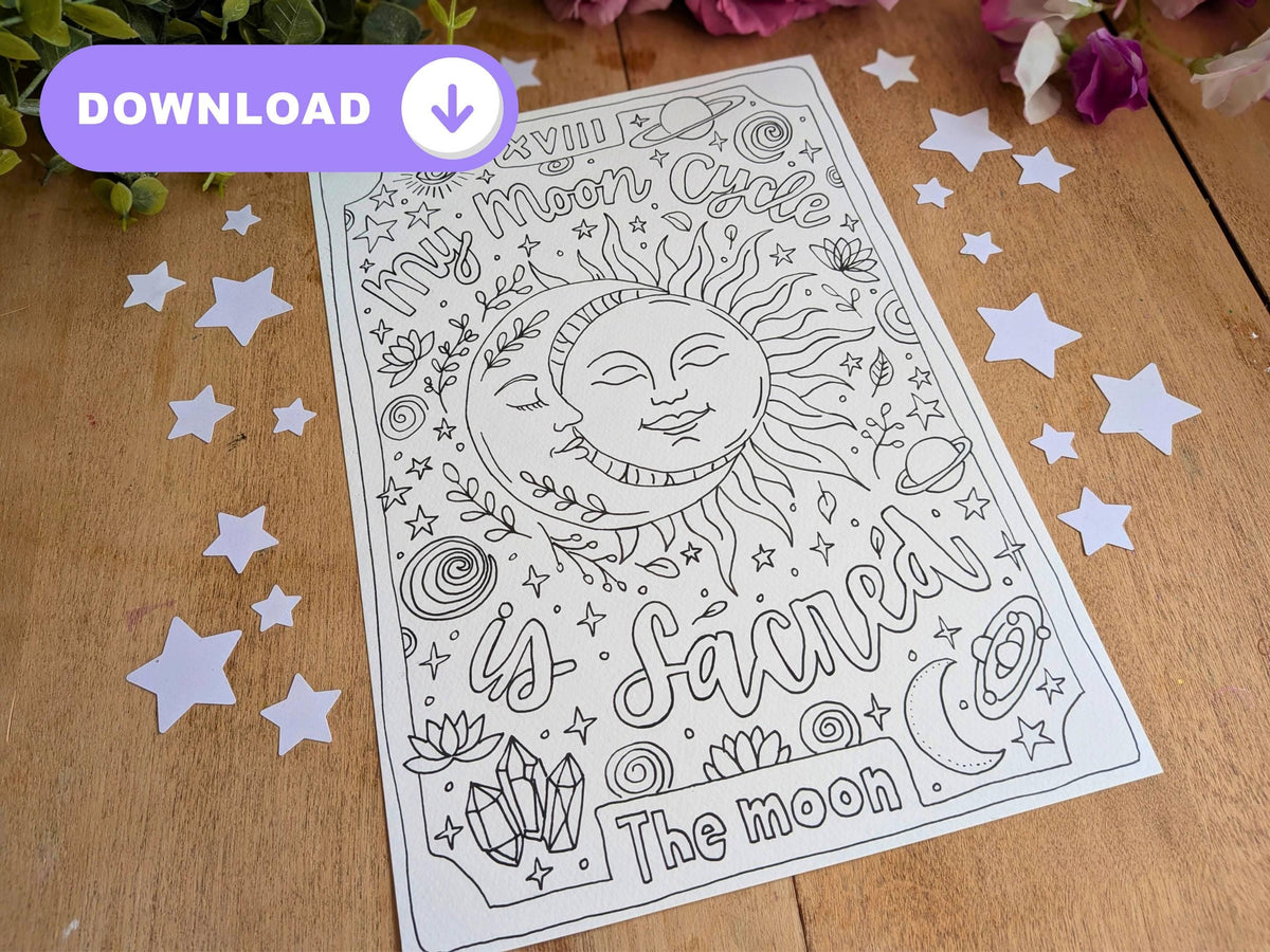 Positive Periods Affirmation Colouring Page, Menarche Celebration, Moon Circle Art for Girls