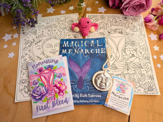 Magical Menarche Gift Set - First Period Celebration Box, Crochet Womb, Moon Medallion, Book & Colouring