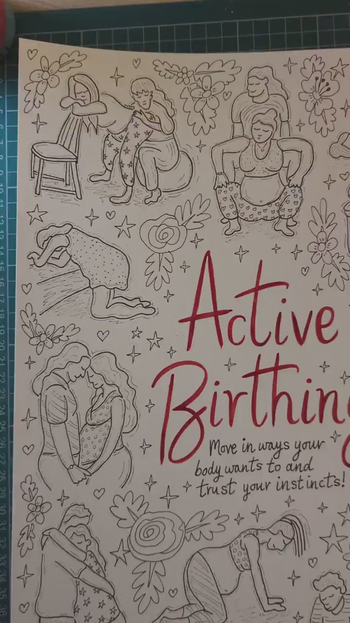 Birth Positions Colouring Poster: Active Labour Handout (PDF Digital Download)