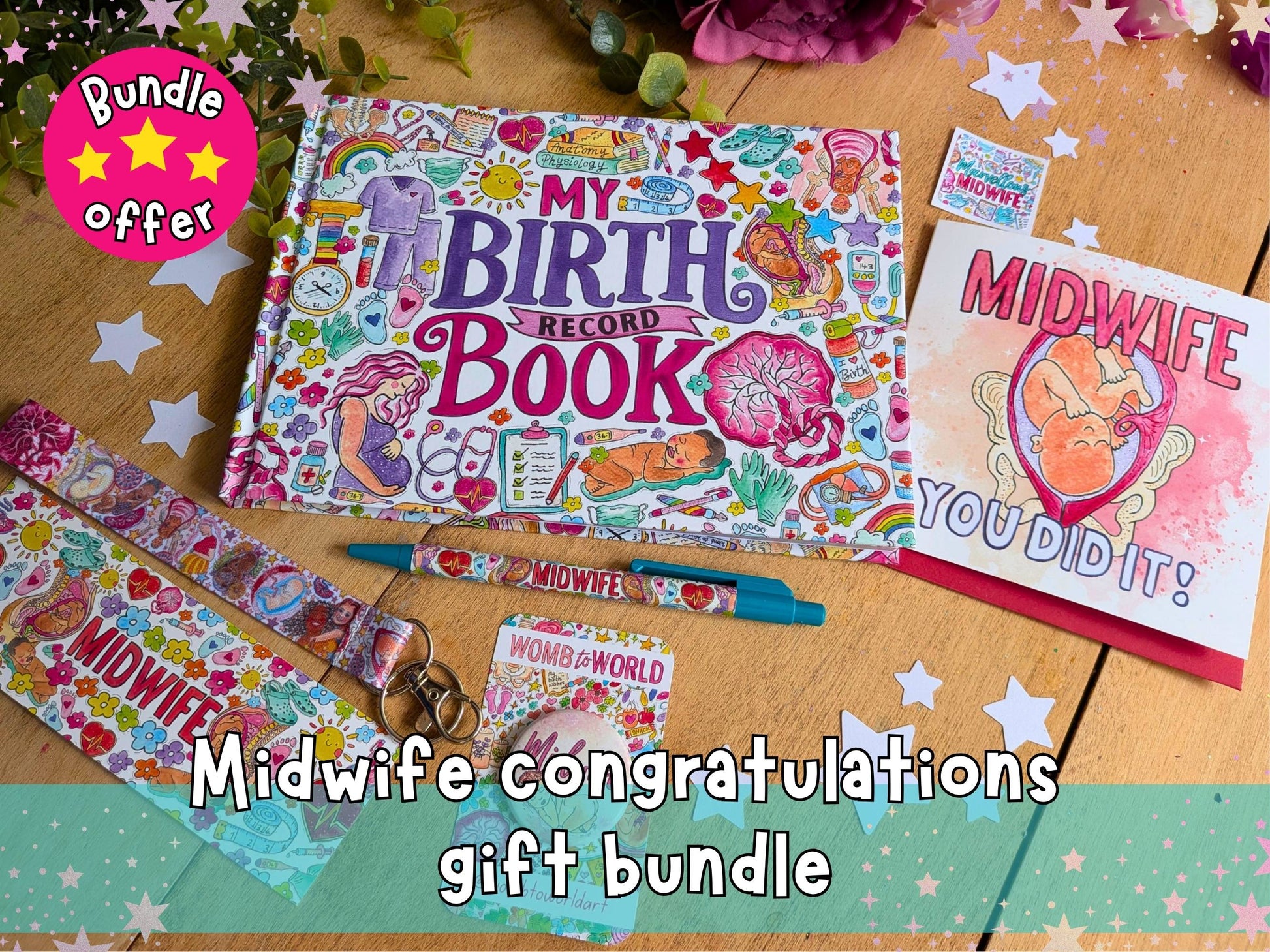 Midwife gift set with birth record book, lanyard, pen, badge and stickers and midwife card