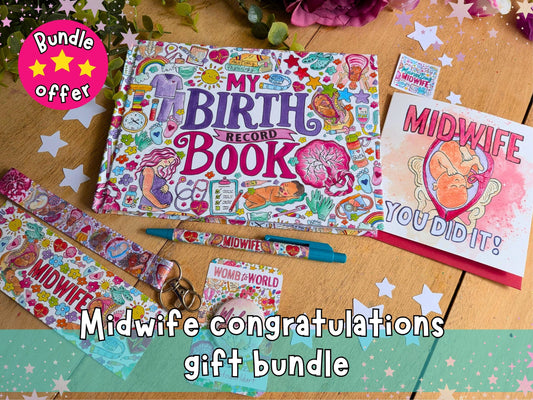 Midwife gift set with birth record book, lanyard, pen, badge and stickers and midwife card